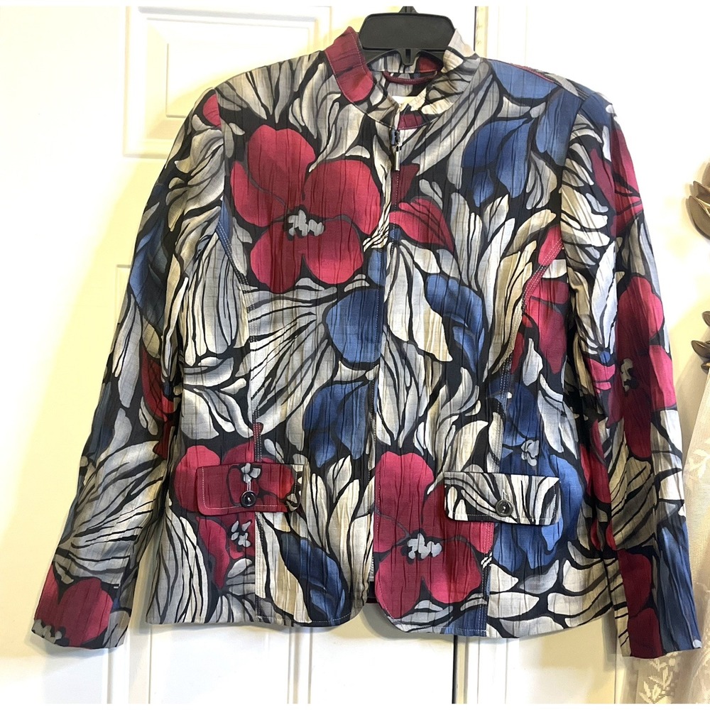 Vintage Alfred Dunner Floral Zip Jacket 12P Blue Botanical Painterly Coat Whimsy